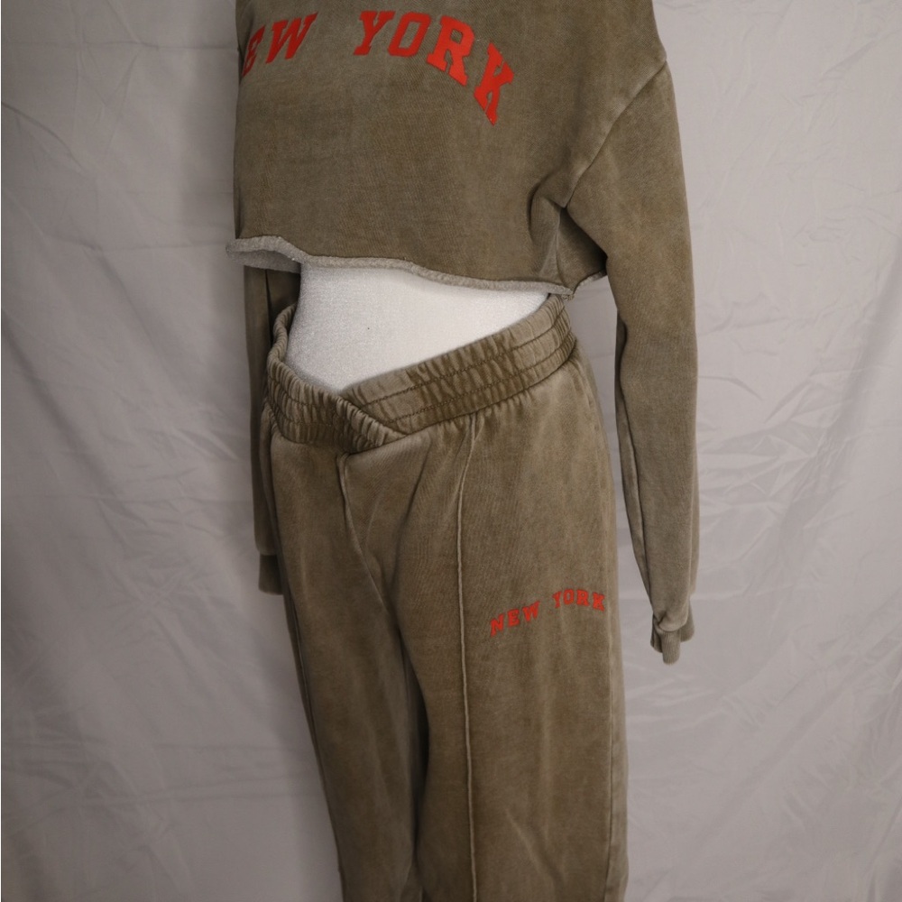 Fashion Nova Tan Tracksuit with Red Graphic